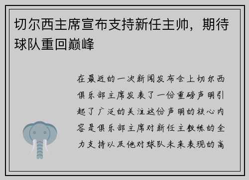 切尔西主席宣布支持新任主帅，期待球队重回巅峰