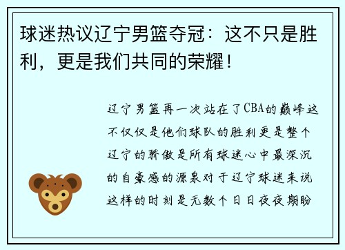 球迷热议辽宁男篮夺冠：这不只是胜利，更是我们共同的荣耀！